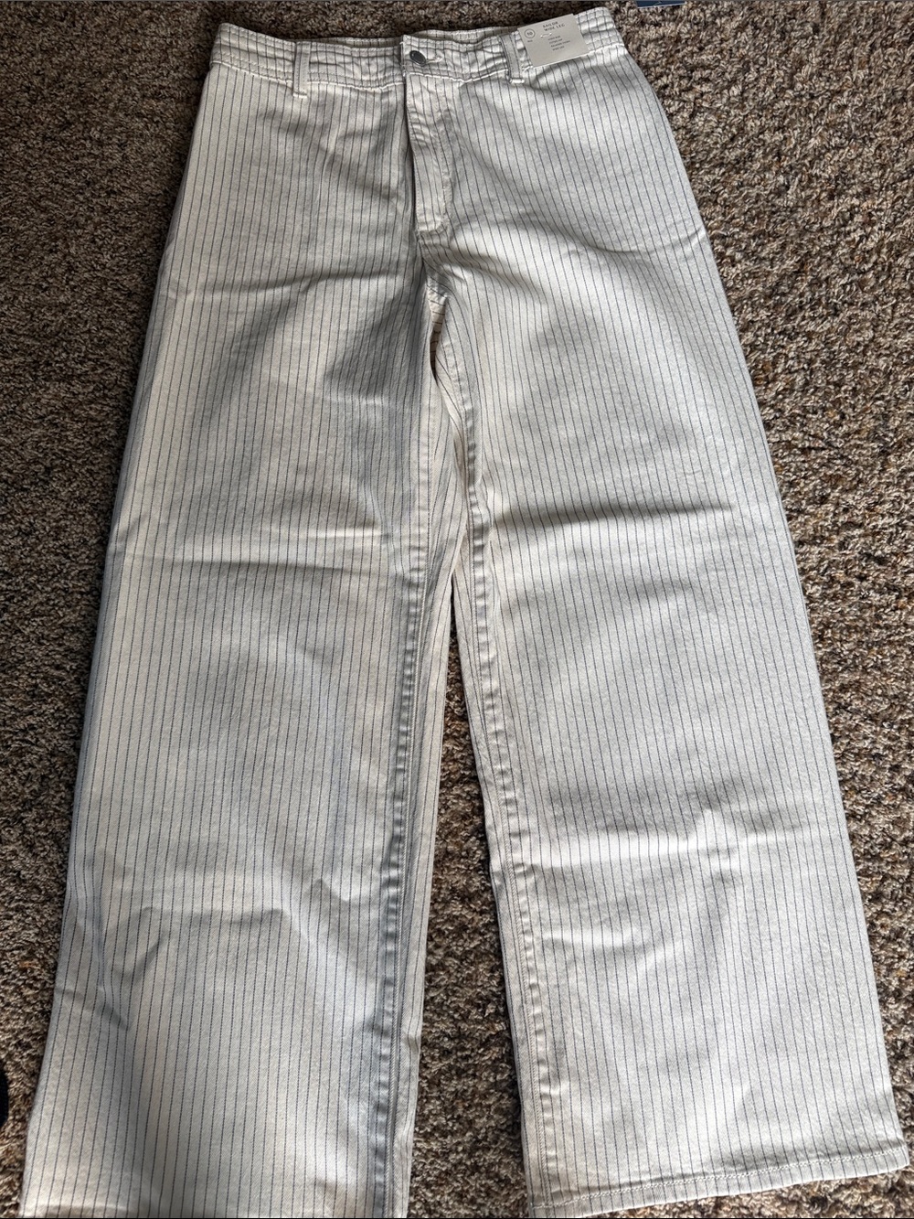 High-Waisted Wide Leg Pinstripe jeans - Cream with Thin Blue Stripes